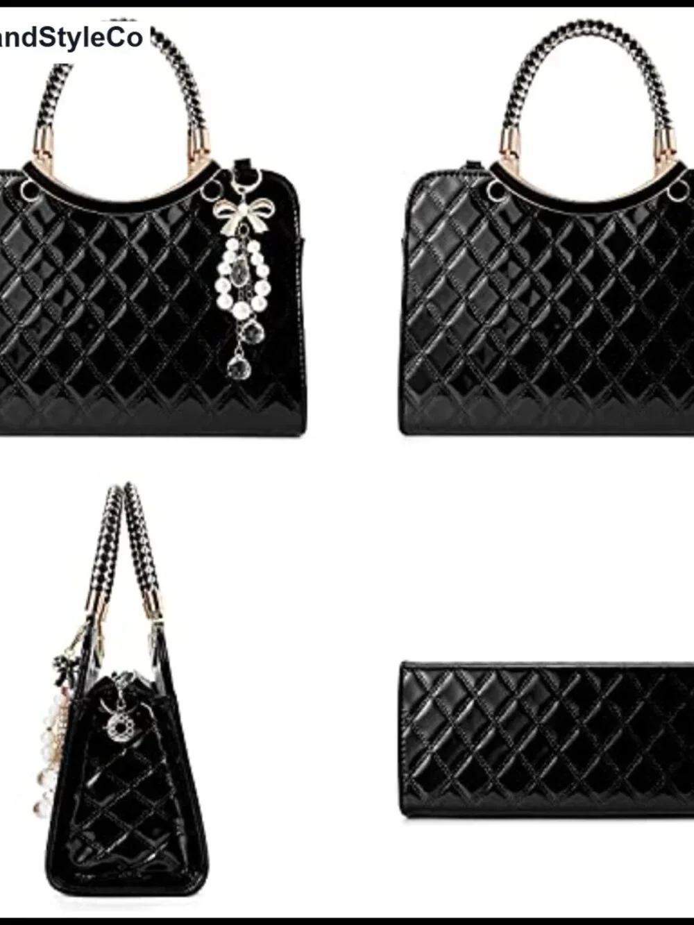 Women's Faux Leather Patent Satchel Handbag with Pearl Charm - Crossbody